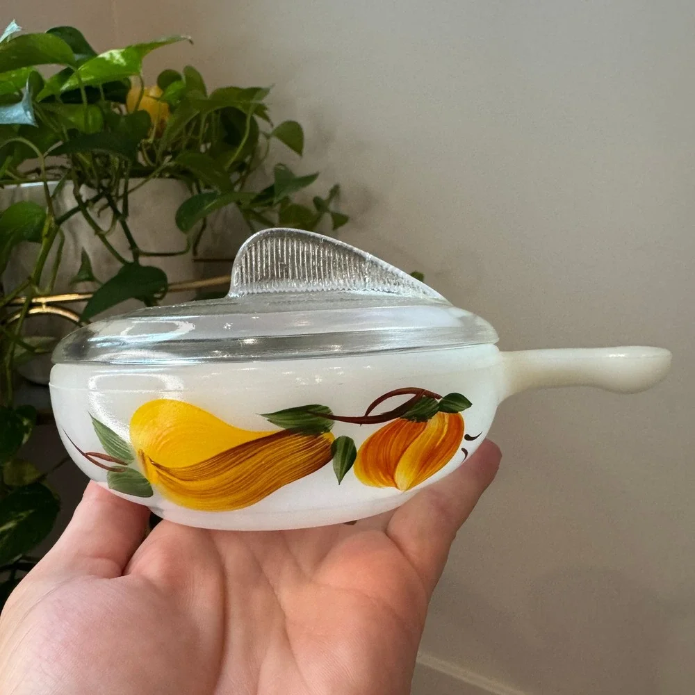 Vintage Glasbake Harvest Pear Milk Glass Soup Bowls with Fin Lids Set of 3 Small